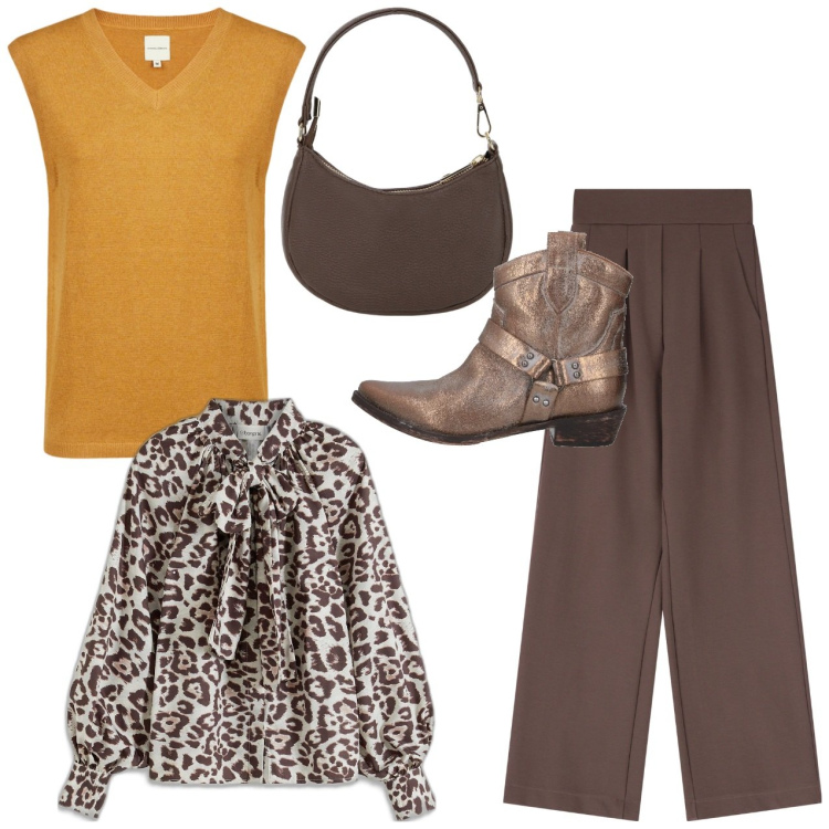 Outfit donna - Fiocco animalier. Stile Trendy per Ufficio. Abbinamento con camicie, stivaletti texani, pantaloni, borse a spalla, maglieria.