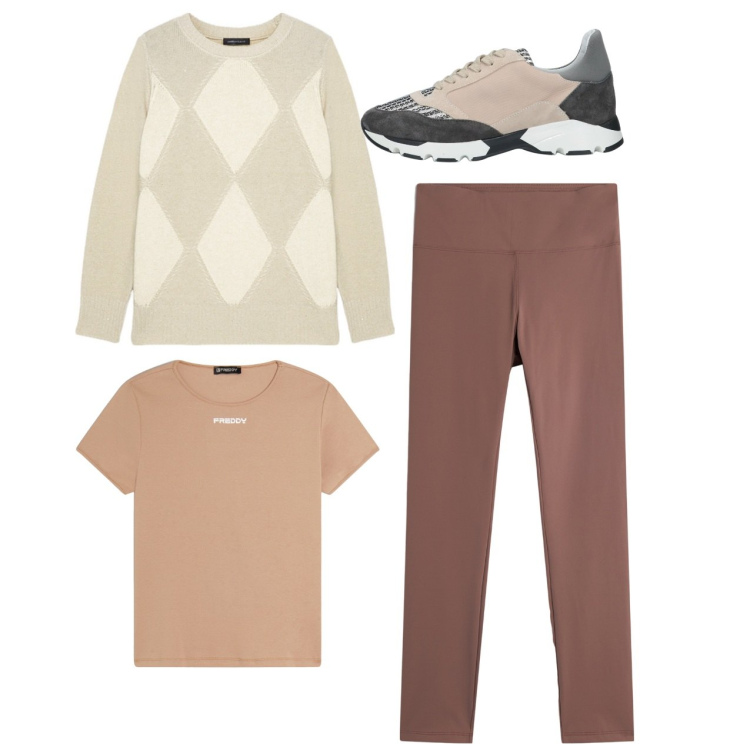 Outfit donna - Saturday homewear. Stile Basic per Tutti i giorni. Abbinamento con sneakers, leggings, t-shirt, maglieria.