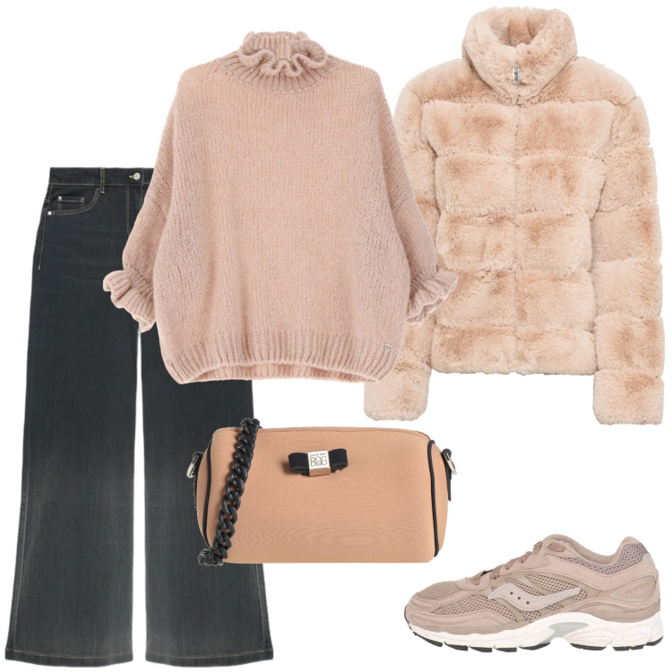 Outfit donna - Comoda in cipria. Stile Casual per Tutti i giorni. Abbinamento con ecopellicce, sneakers, borse a tracolla, maglieria, jeans.