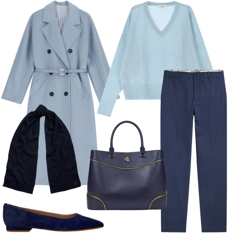 Outfit donna - Urban escape. Stile Casual chic per Ufficio. Abbinamento con cappotti, pullovers, pantaloni chino, sciarpe, ballerine, borse a mano.