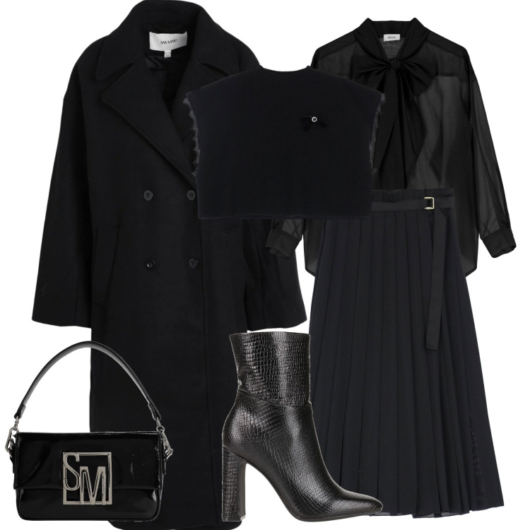 Outfit donna - Black. Stile Glamour per Serata fuori. Abbinamento con stivaletti, cappotti, borse a mano, gonne lunghe, maglieria, camicie.