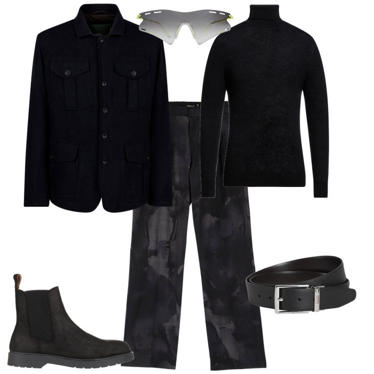 Outfit uomo - Total look #2040446. Stile Trendy per Ufficio. Abbinamento con cinture, maglieria, occhiali da sole, stivali e stivaletti, pantaloni, giacche.