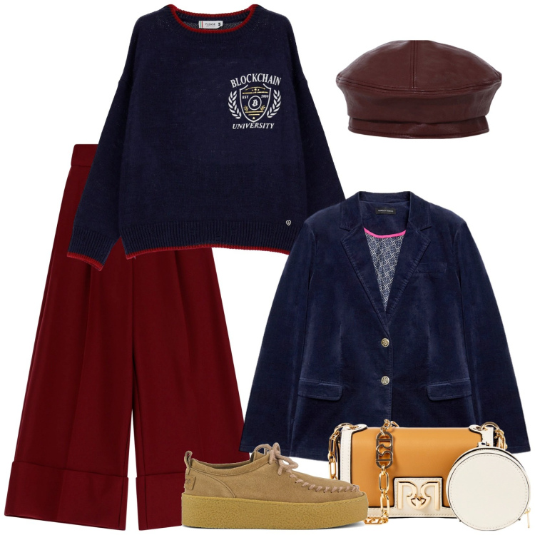 Outfit donna - Total look #2040454. Stile Urban per Tutti i giorni. Abbinamento con maglieria, pochette, pantaloni, cappelli e berretti, mocassini, blazer.