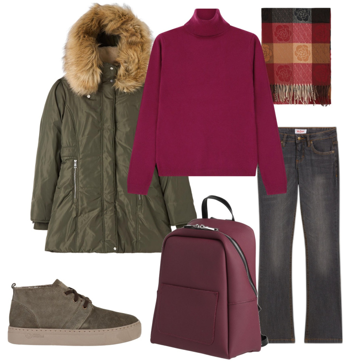 Outfit donna - Total look #2040455. Stile Casual per Scuola/Università. Abbinamento con jeans bootcut, zaini, stivaletti, parka, maglieria, foulard.