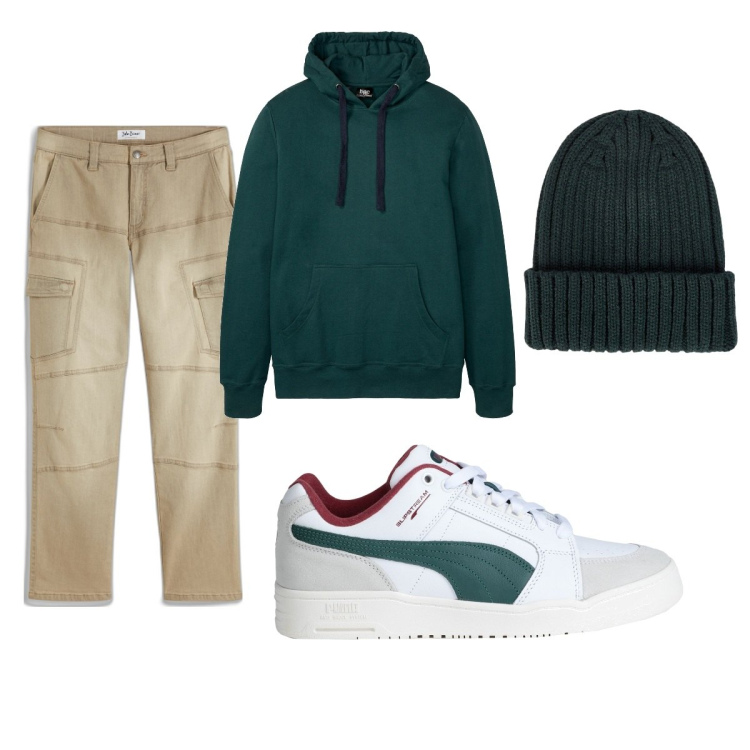 Outfit uomo - Total look #2040461. Stile Casual per Tutti i giorni. Abbinamento con felpe con cappuccio, jeans dritti, sneakers, berretti.