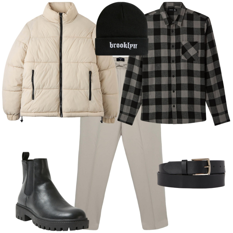 Outfit uomo - Total look #2040467. Stile Urban per Tutti i giorni. Abbinamento con pantaloni, stivali e stivaletti, piumini, camicie, berretti, cinture.