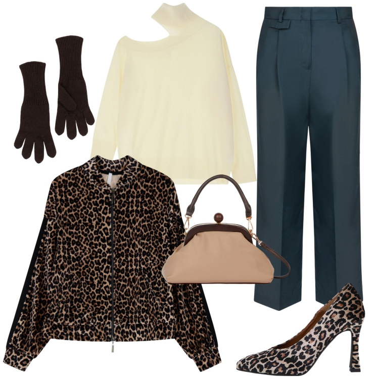 Outfit donna - Total look #2040477. Stile Urban per Serata fuori. Abbinamento con guanti, maglieria, décolleté, bomber, clutch, pantaloni.