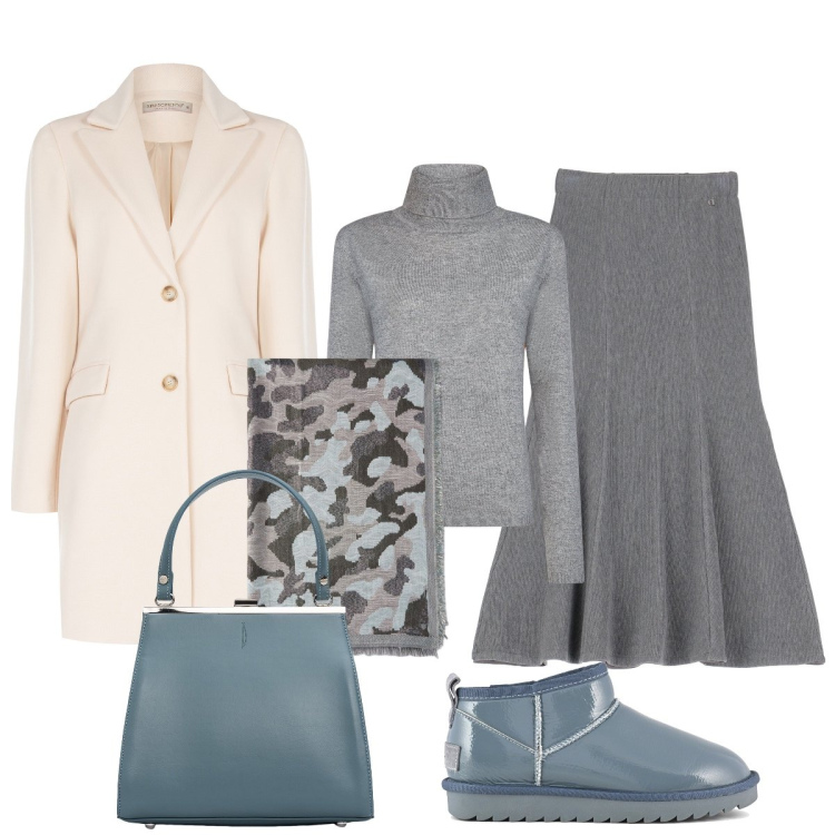 Outfit donna - Un po’ dí azzurro polvere. Stile Urban per Tutti i giorni. Abbinamento con gonne lunghe, cappotti, maglieria, sciarpe, stivali, clutch.