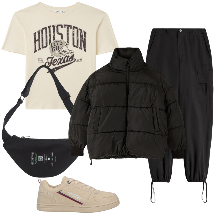 Outfit donna - Sognando l America. Stile Basic per Tutti i giorni. Abbinamento con sneakers, marsupi, piumini, t-shirt, pantaloni cargo.