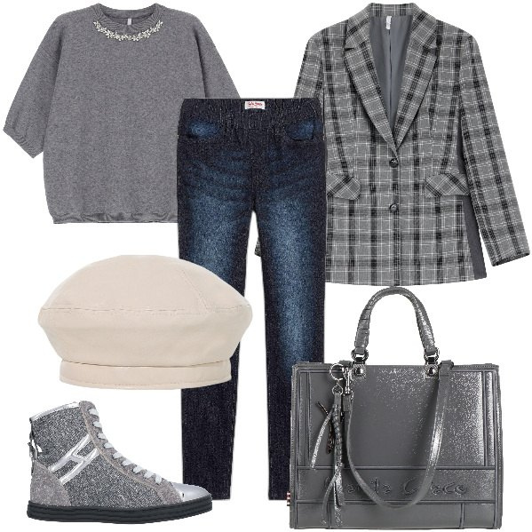 Outfit donna - Total look #2040492. Stile Casual chic per Ufficio. Abbinamento con jeggings, borse a mano, sneakers alte, maglieria, blazer, cappelli e berretti.
