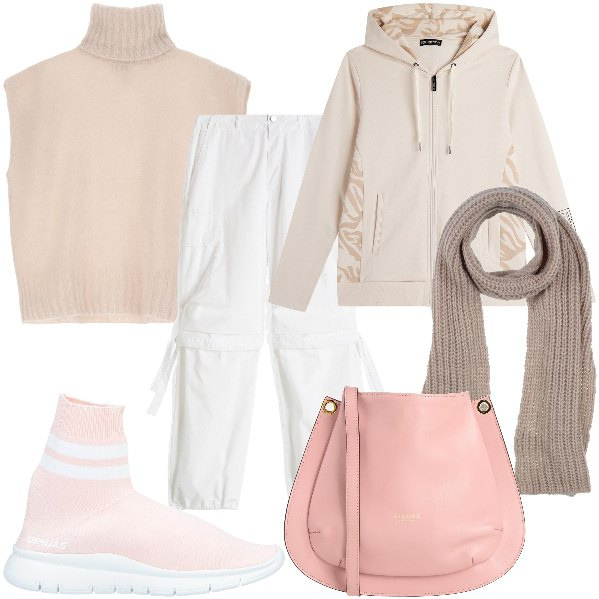 Outfit donna - Total look #2040498. Stile Urban per Tutti i giorni. Abbinamento con sneakers, borse a tracolla, sciarpe, pantaloni cargo, felpe con cappuccio, gilet.
