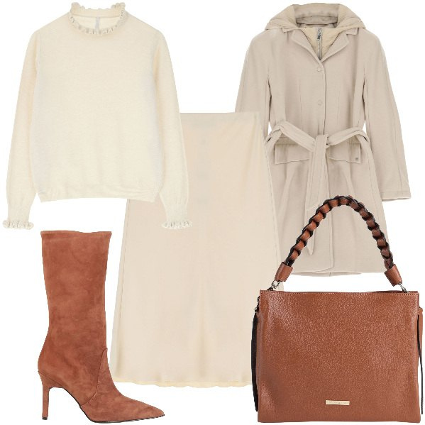 Outfit donna - Total look #2040502. Stile Chic per Ufficio. Abbinamento con borse a mano, stivali, cappotti, maglieria, gonne.