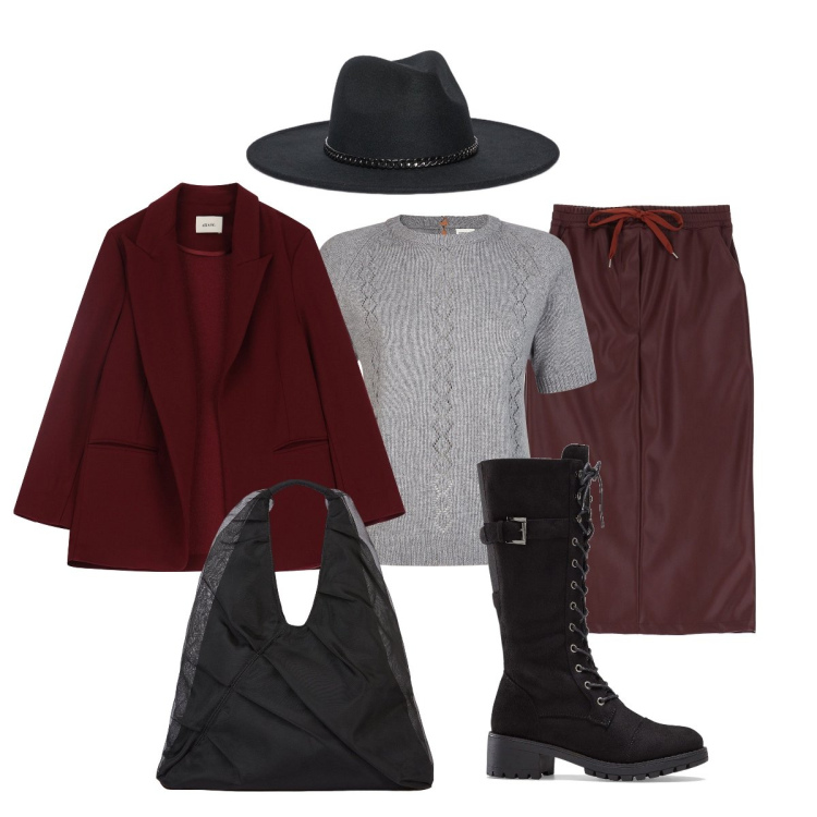 Outfit donna - La gonna bordeaux similpelle. Stile Casual chic per Tutti i giorni. Abbinamento con stivali, gonne longuette, blazer, maglieria, shopping bag, cappelli.