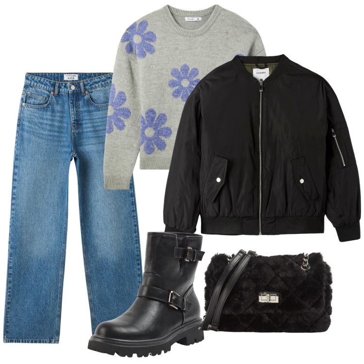Outfit donna - Saldi Terranova. Stile Casual per Tutti i giorni. Abbinamento con stivaletti, bomber, borse a spalla, jeans, maglieria.