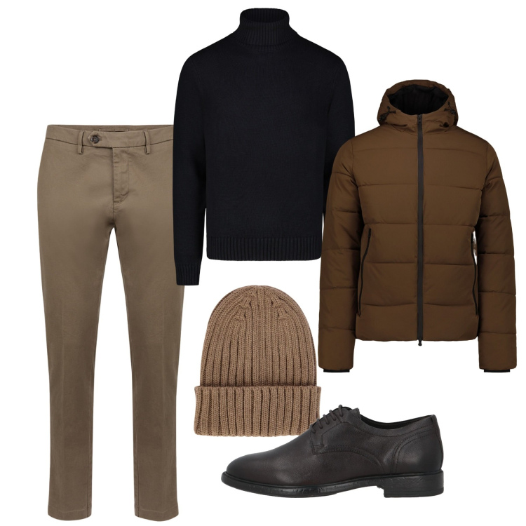 Outfit uomo - Classic mood. Stile Casual per Tutti i giorni. Abbinamento con scarpe stringate, piumini, pantaloni chino, maglieria, berretti.