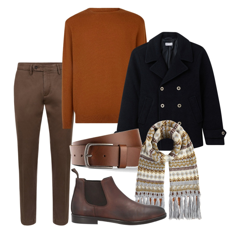 Outfit uomo - Janvier. Stile Casual per Tutti i giorni. Abbinamento con cinture, stivali e stivaletti, cappotti, maglieria, pantaloni chino, sciarpe.