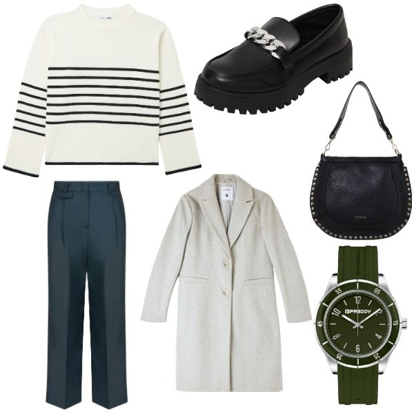 Outfit donna - Total look #2040531. Stile Casual chic per Scuola/Università. Abbinamento con cappotti, maglieria, mocassini, borse a spalla, orologi, pantaloni.