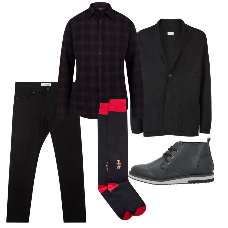 Outfit uomo - Almost total black. Stile Urban per Tutti i giorni. Abbinamento con stivali e stivaletti, pantaloni skinny, cardigans, camicie, calzini.