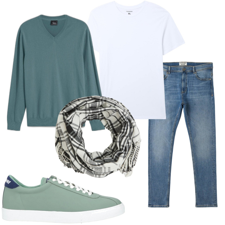 Outfit uomo - Casual con sciarpa. Stile Casual per Tutti i giorni. Abbinamento con maglieria, sneakers, jeans skinny, sciarpe, t-shirt.