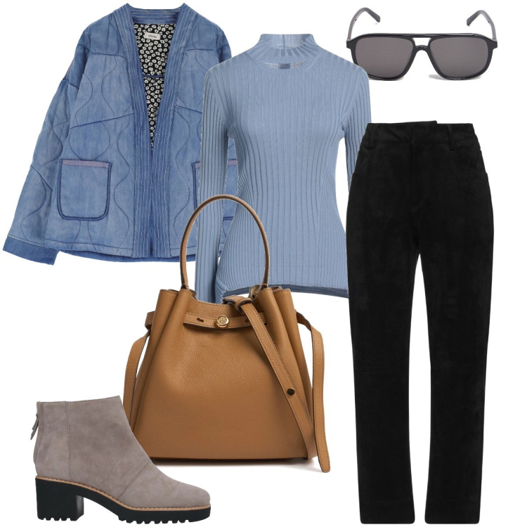 Outfit donna - La lupetto a coste. Stile Urban per Tutti i giorni. Abbinamento con stivaletti, pantaloni, maglieria, blazer, borse a secchiello, occhiali da sole.