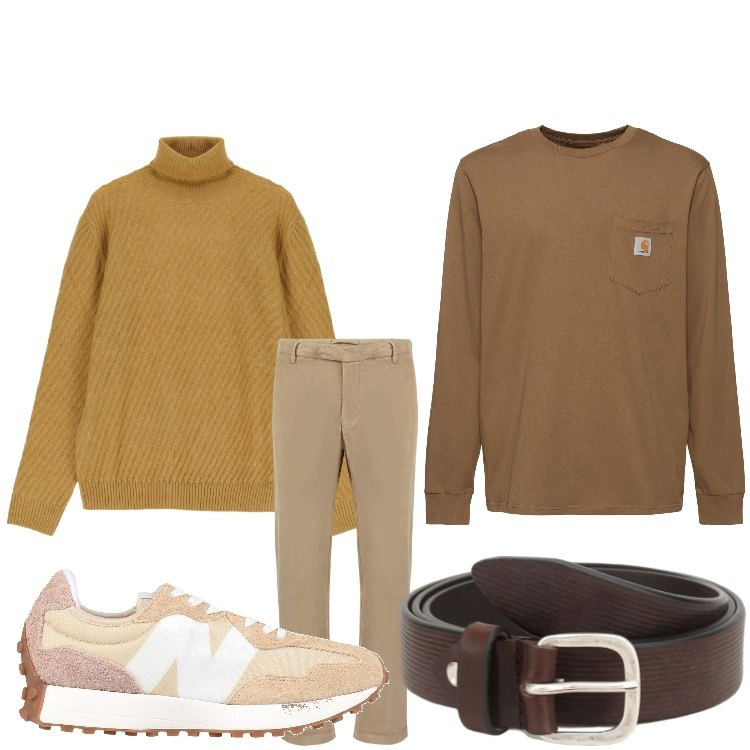 Outfit uomo - Senape e caffe´. Stile Casual per Tutti i giorni. Abbinamento con sneakers, cinture, maglieria, pantaloni, t-shirt.
