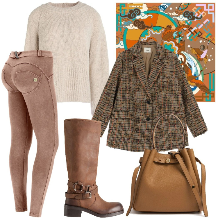 Outfit donna - Weekend fuori città. Stile Casual chic per Tutti i giorni. Abbinamento con pullovers, stivali, pantaloni skinny, blazer, borse a secchiello, foulard.
