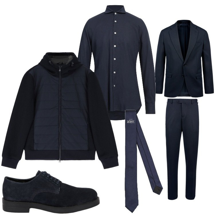 Outfit uomo - In ufficio in blu. Stile Business/Elegante per Ufficio. Abbinamento con cravatte, camicie, piumini, scarpe stringate, abiti.