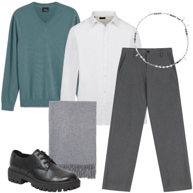 Outfit uomo - La maglia verde acqua. Stile Business/Elegante per Ufficio. Abbinamento con maglieria, scarpe stringate, pantaloni, sciarpe, collane, camicie.
