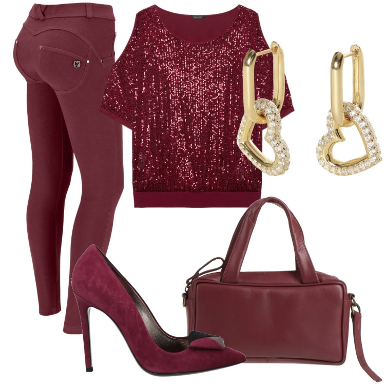 Outfit donna - Total look #2040596. Stile Sexy per Serata fuori. Abbinamento con décolleté, borse a mano, orecchini, pantaloni skinny, t-shirt.