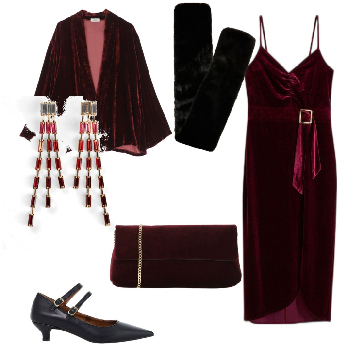 Outfit donna - Sabato sera al ballo. per Serata fuori. Abbinamento con vestiti midi/longuette, orecchini, sciarpe, décolleté, blazer, pochette.