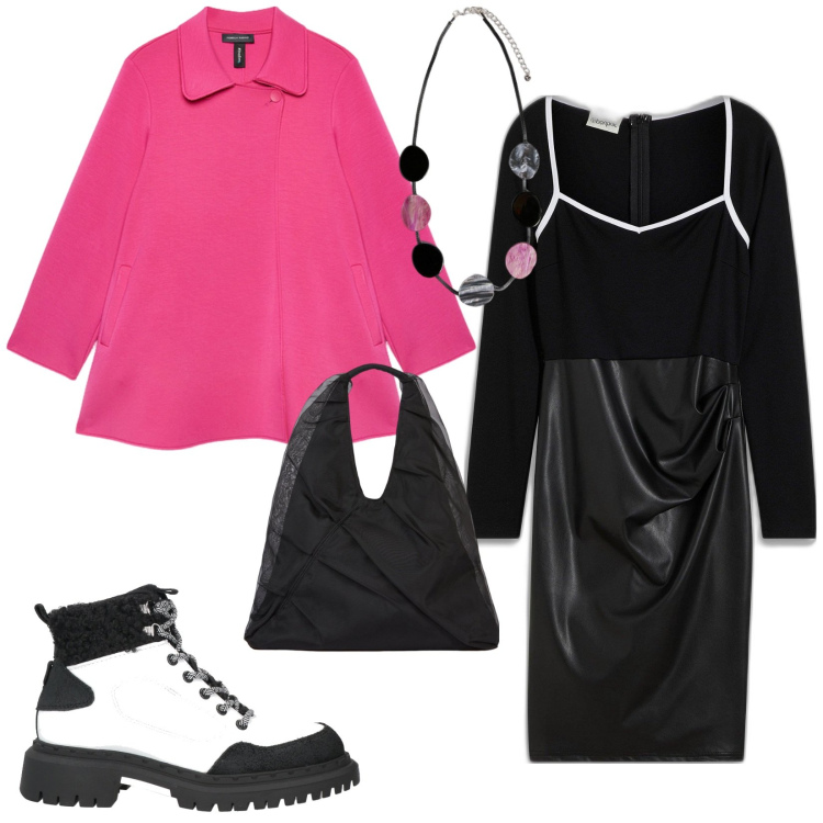 Outfit donna - Uscita con amiche. per Serata fuori. Abbinamento con anfibi, vestiti, shopping bag, cappotti, collane.