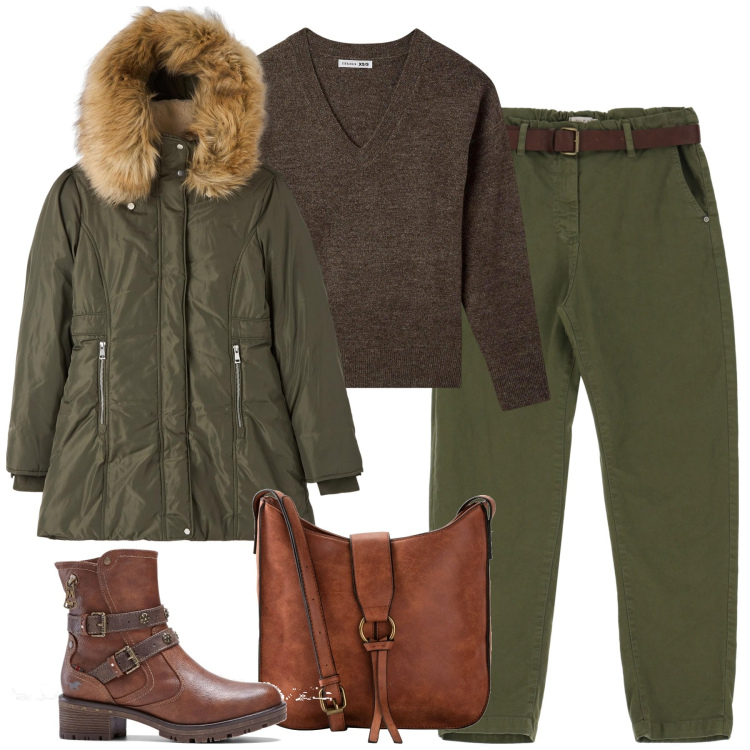 Outfit donna - City. Stile Urban per Tutti i giorni. Abbinamento con borse a tracolla, stivaletti, parka, maglieria, pantaloni.