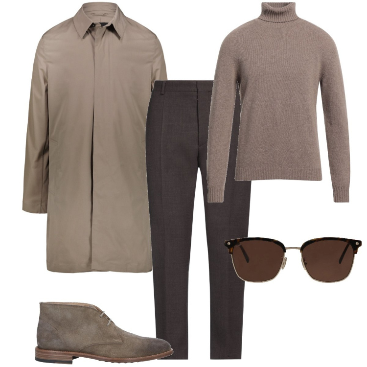Outfit uomo - Dal beige al marrone. Stile Trendy per Ufficio. Abbinamento con occhiali da sole, pantaloni, stivali e stivaletti, maglieria, giacche.