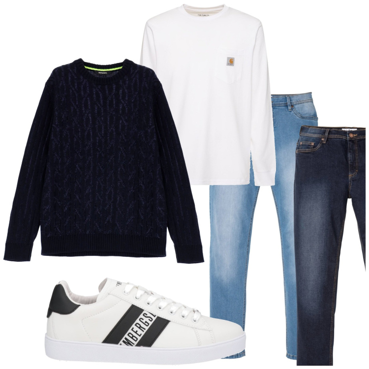 Outfit uomo - Basic style. Stile Casual per Tutti i giorni. Abbinamento con jeans dritti, sneakers, maglieria, t-shirt.
