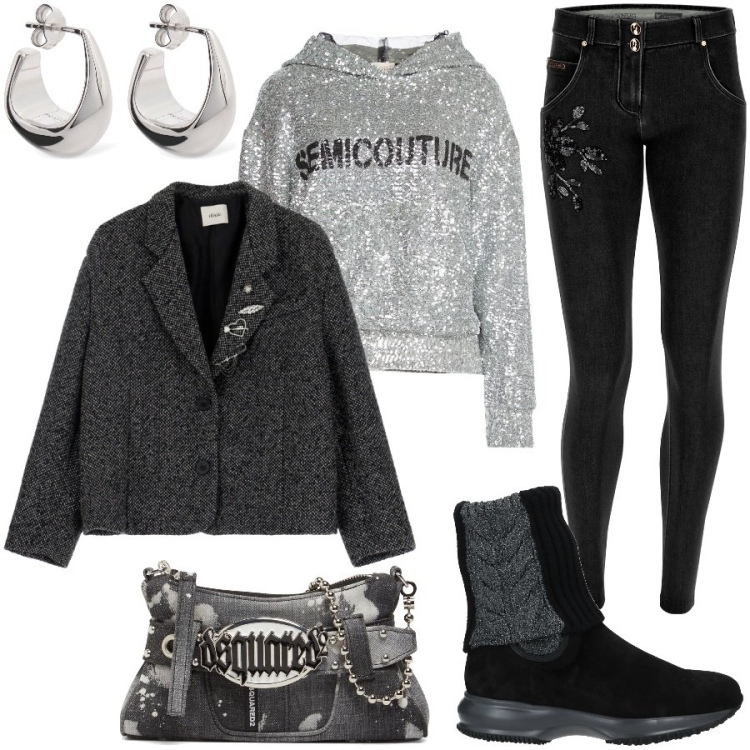 Outfit donna - Sabato sera. Stile Urban per Serata fuori. Abbinamento con felpe con cappuccio, stivaletti, jeans skinny, blazer, pochette, orecchini.