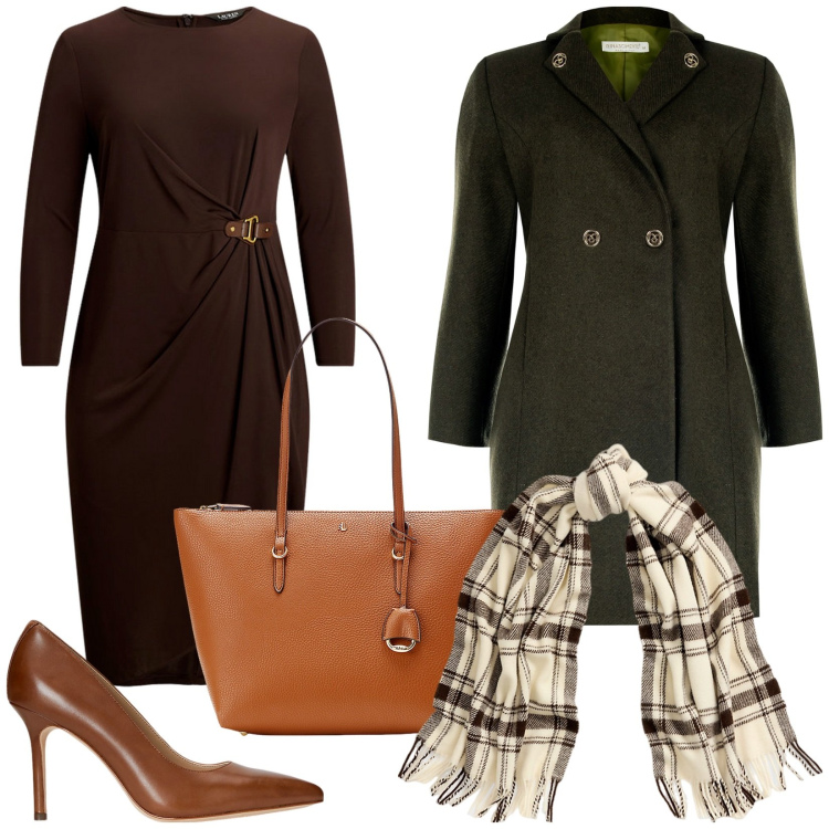 Outfit donna - Total look #2040643. Stile Bon Ton per Ufficio. Abbinamento con cappotti, borse tote, vestiti, décolleté, sciarpe.