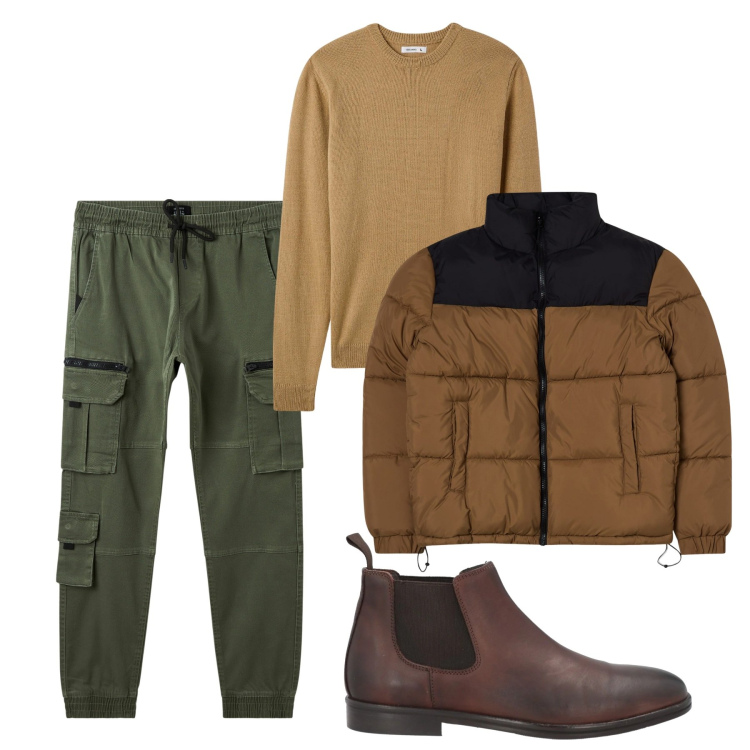 Outfit uomo - Street style. Stile Casual per Tutti i giorni. Abbinamento con stivali e stivaletti, giacche, maglieria, pantaloni cargo.