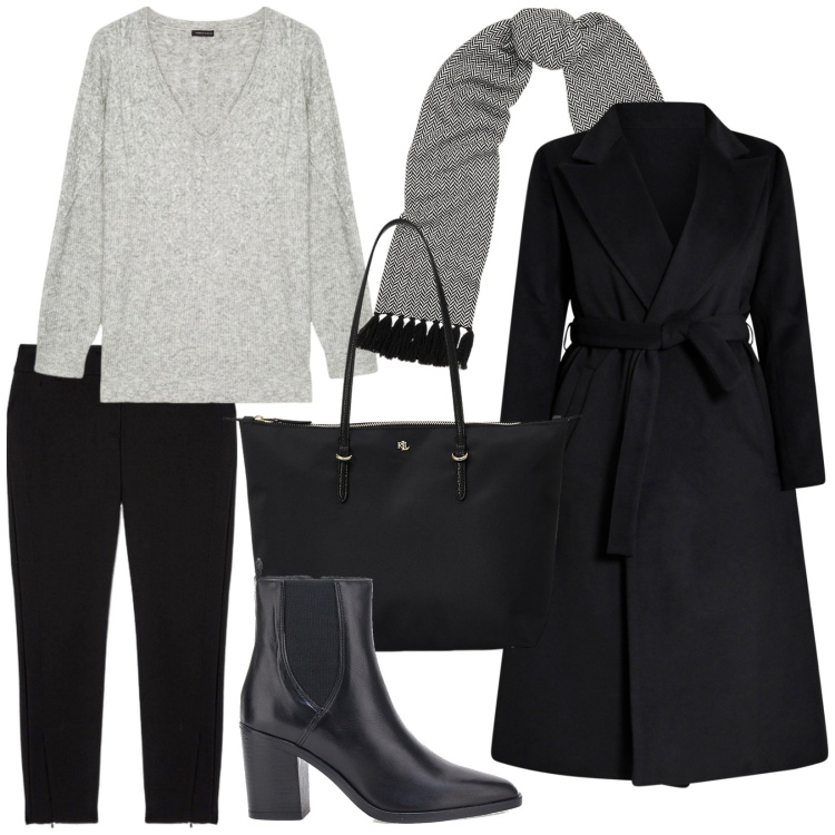 Outfit donna - Total look #2040651. Stile Bon Ton per Ufficio. Abbinamento con cappotti, borse tote, sciarpe, stivaletti, maglieria, pantaloni skinny.