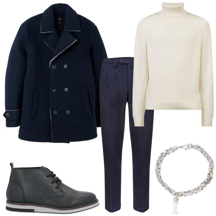 Outfit uomo - In città. Stile Urban per Ufficio. Abbinamento con stivali e stivaletti, giacche, braccialetti, maglieria, pantaloni.