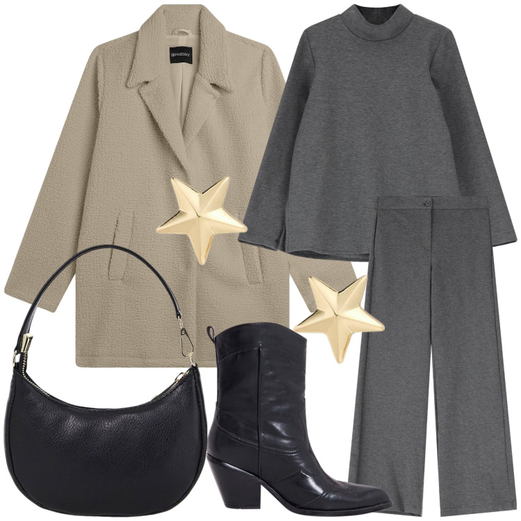 Outfit donna - Urban Escape. Stile Glamour per Tutti i giorni. Abbinamento con stivaletti texani, pantaloni, maglieria, cappotti, borse a spalla, orecchini.