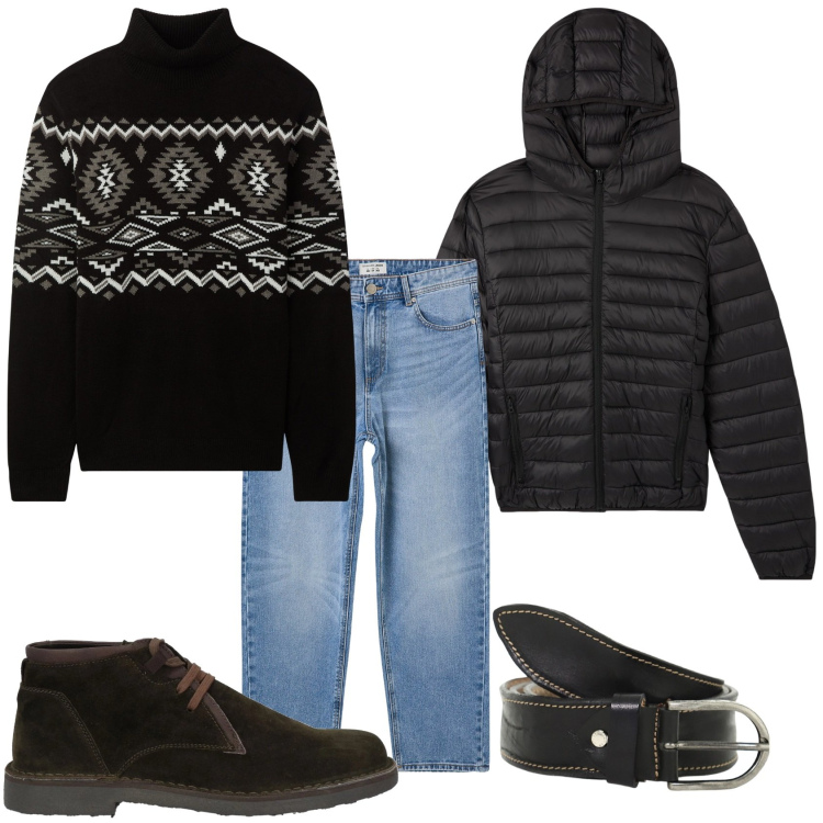 Outfit uomo - Giornata fredda. Stile Casual per Tutti i giorni. Abbinamento con stivali e stivaletti, maglieria, jeans, giacche, cinture.