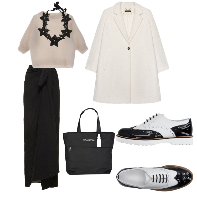Outfit donna - Oggi un po\' Crudelia. per Tutti i giorni. Abbinamento con scarpe stringate, borse a mano, collane, maglieria, gonne, cappotti.
