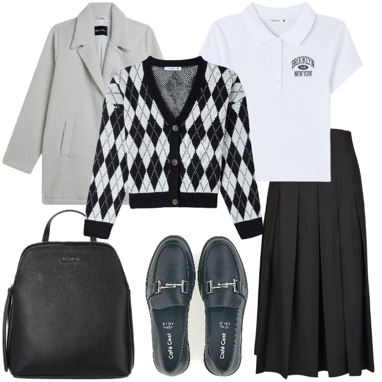Outfit donna - Gonna midi Preppy style. Stile Preppy per Scuola/Università. Abbinamento con cardigans, polo, zaini, cappotti, mocassini, gonne longuette.