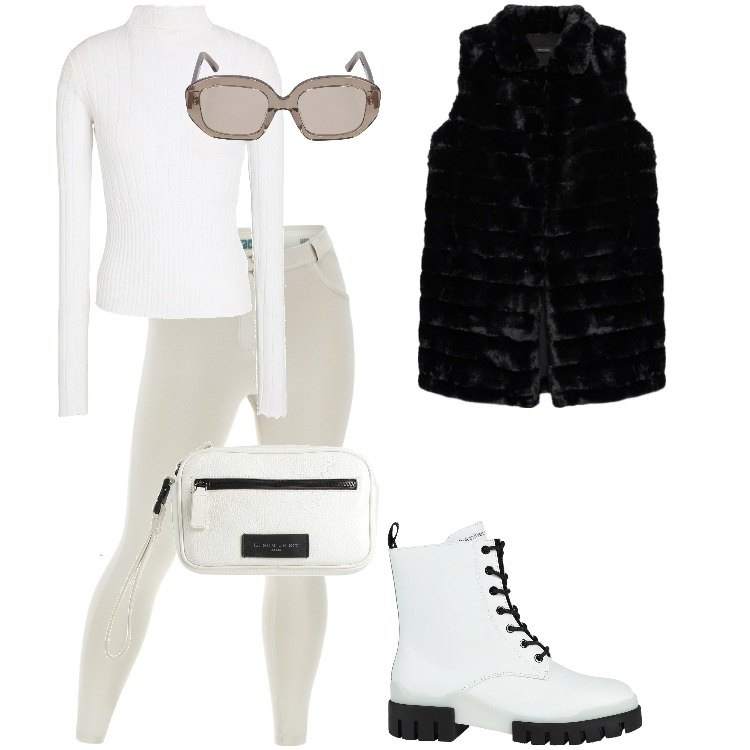 Outfit donna - Total look #2040709. Stile Sporty chic per Tutti i giorni. Abbinamento con maglieria, anfibi, borse a mano, pantaloni skinny, gilet, occhiali da sole.