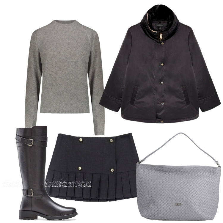 Outfit donna - La mini. Stile Casual chic per Serata fuori. Abbinamento con stivali, borse a mano, minigonne, pullovers, piumini.