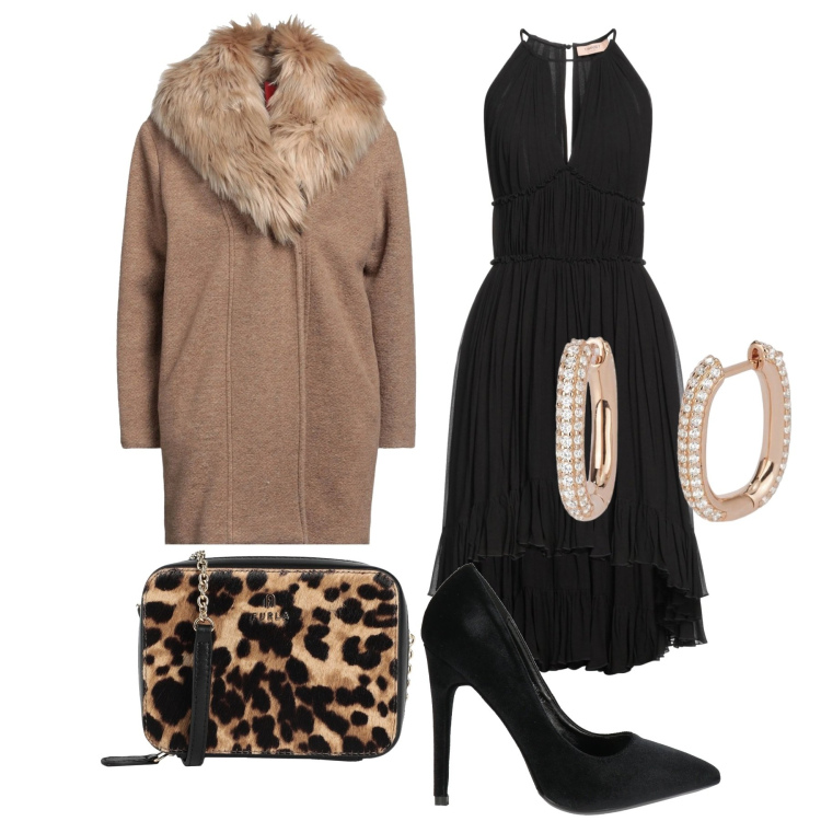 Outfit donna - Animalier. Stile Glamour per Serata fuori. Abbinamento con vestiti midi/longuette, décolleté, cappotti, borse a tracolla, orecchini.