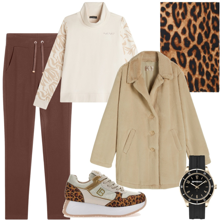 Outfit donna - Il cappotto corto e la sciarpa animalier. Stile Urban per Tutti i giorni. Abbinamento con stole, pantaloni, cappotti, felpe, orologi, sneakers.