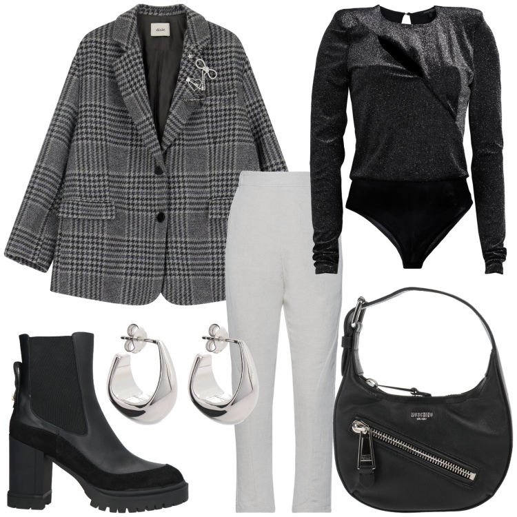 Outfit donna - Very chic. Stile Chic per Serata fuori. Abbinamento con pantaloni, body, borse a mano, stivaletti chelsea, blazer, orecchini.