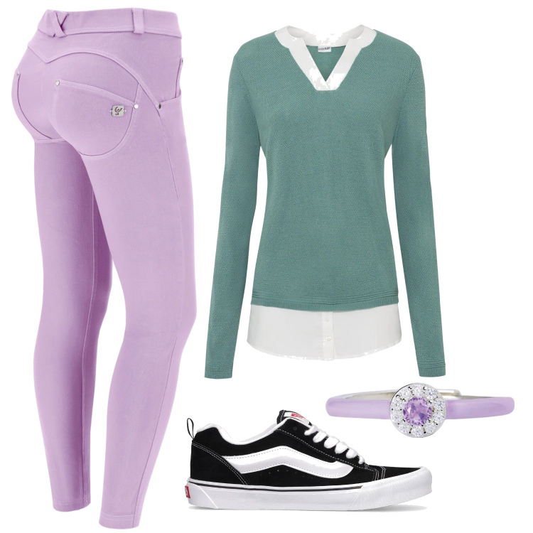 Outfit donna - Abbigliamento scolastico. Stile Casual per Scuola/Università. Abbinamento con maglieria, anelli, pantaloni skinny, sneakers.
