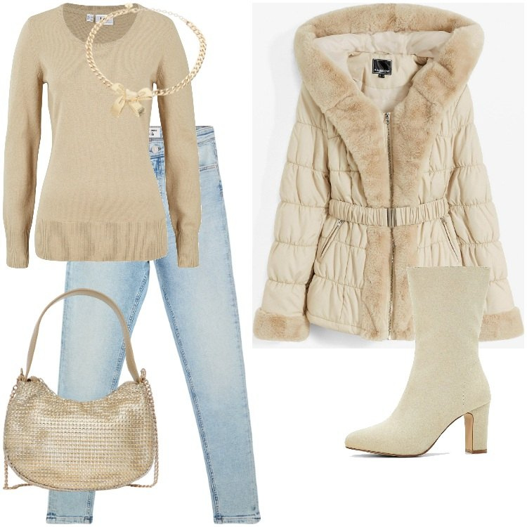 Outfit donna - Total look #2040720. Stile Sporty chic per Tutti i giorni. Abbinamento con maglieria, giacche, stivaletti, jeans skinny, borse a spalla, collane.